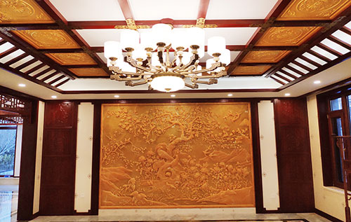 遵义中式别墅客厅中式木作横梁吊顶装饰展示